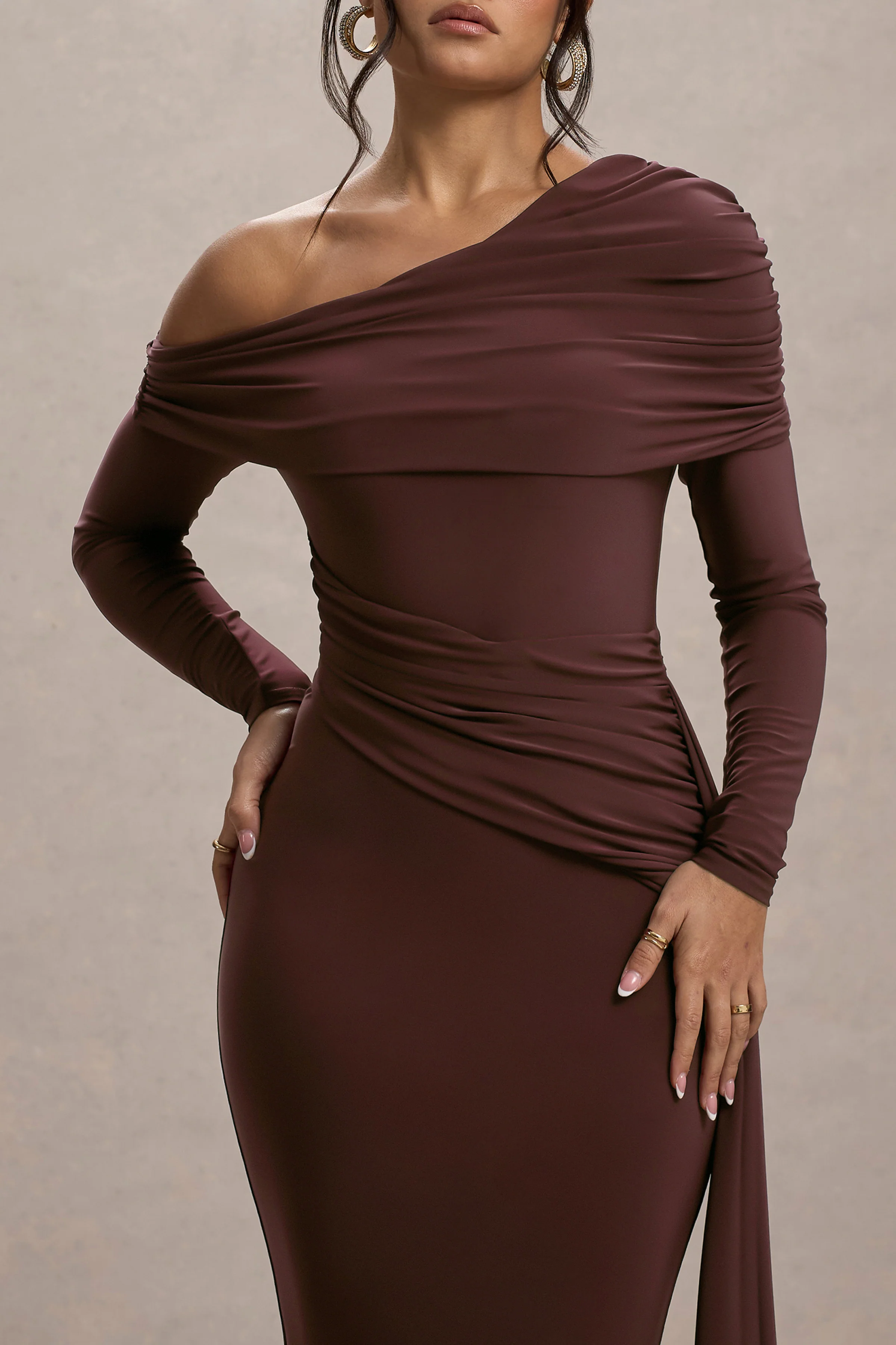 Valina | Brown Ruched Asymmetric Maxi Dress With Drape - Image 3