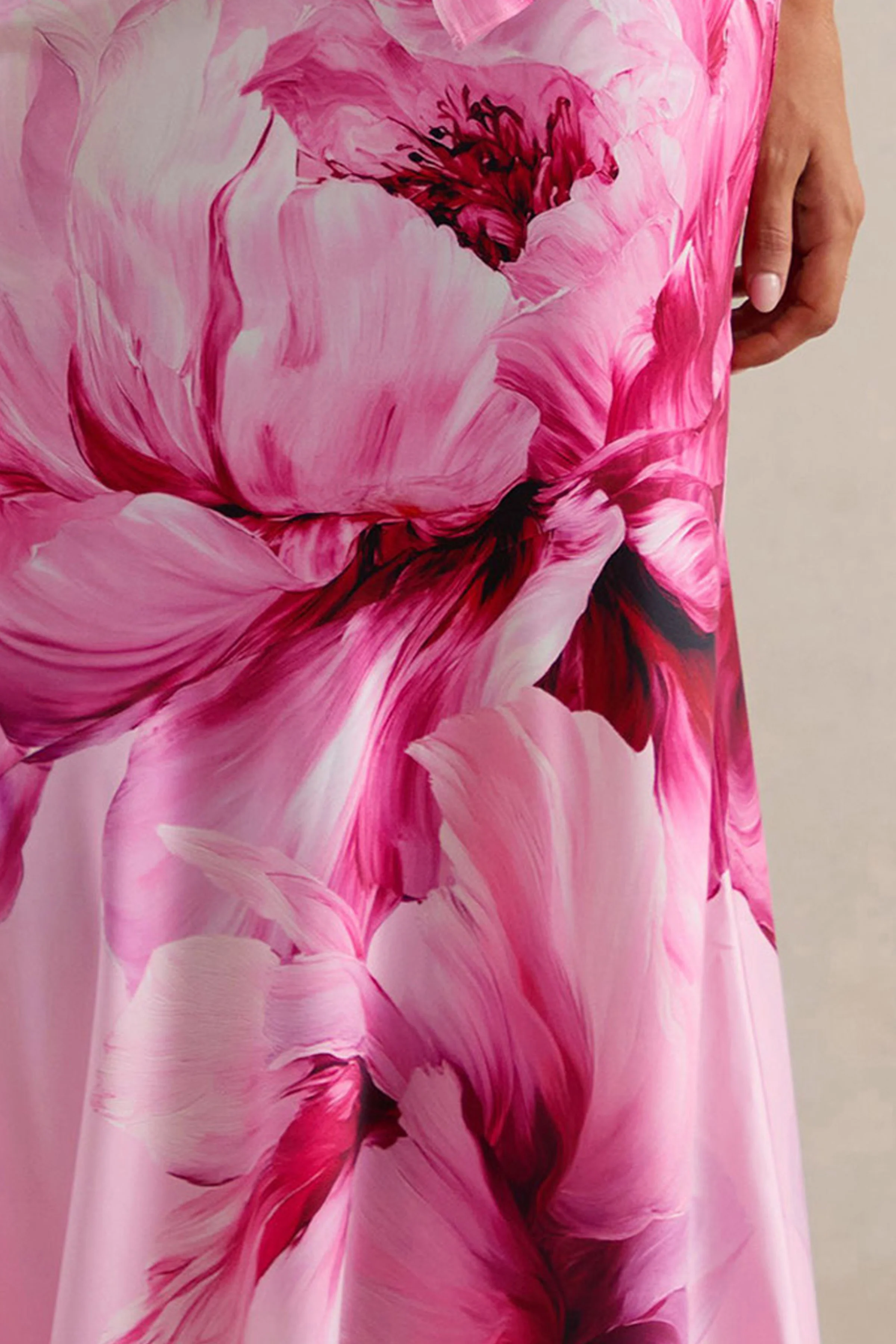 Vayla | Pink Floral Print Matte Satin Asymmetric Drop-Waist Maxi Skirt - Image 6