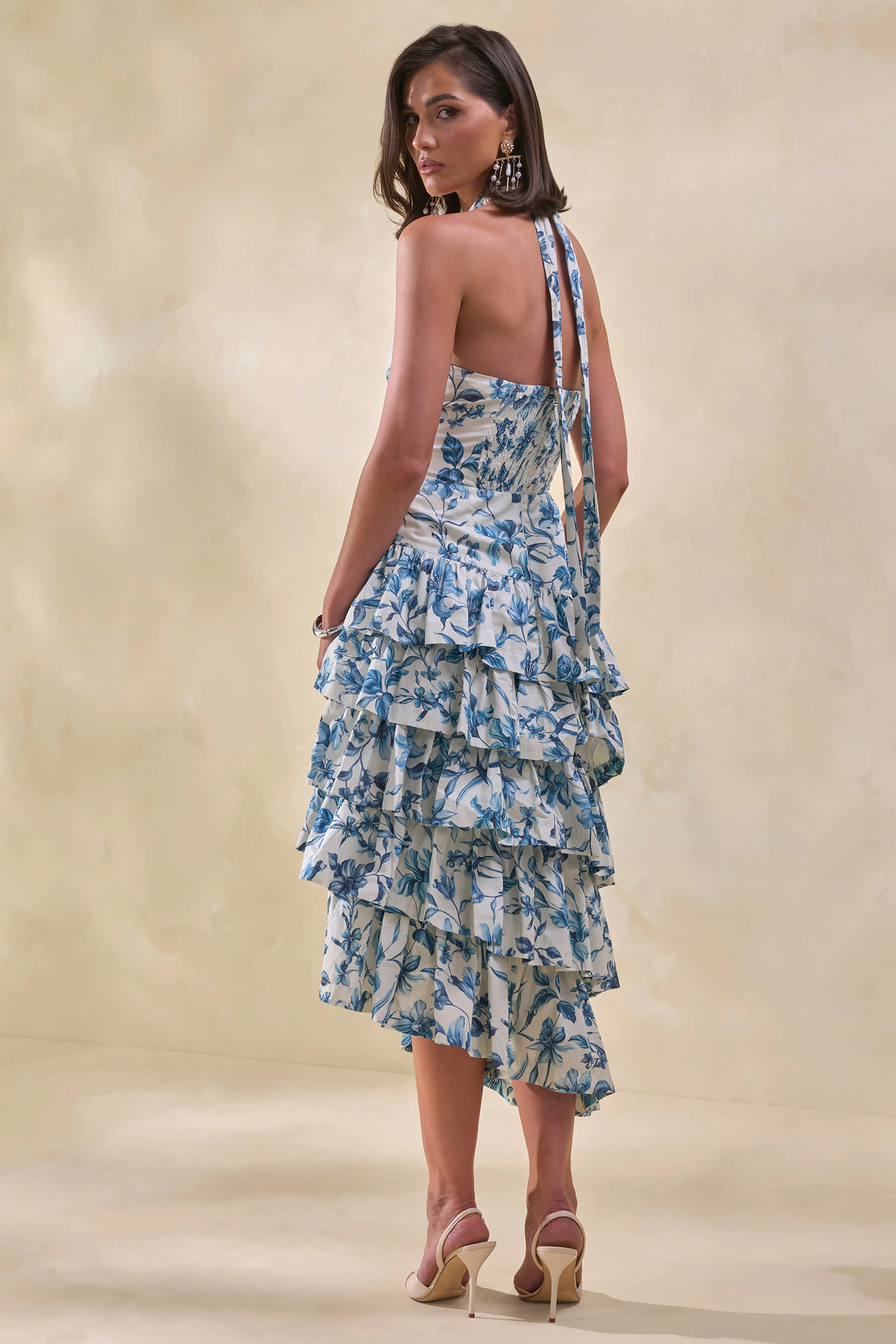 Velora | Blue Porcelain Print Asymmetric-Neck Midi Dress With Tiered-Ruffled Skirt - Image 3