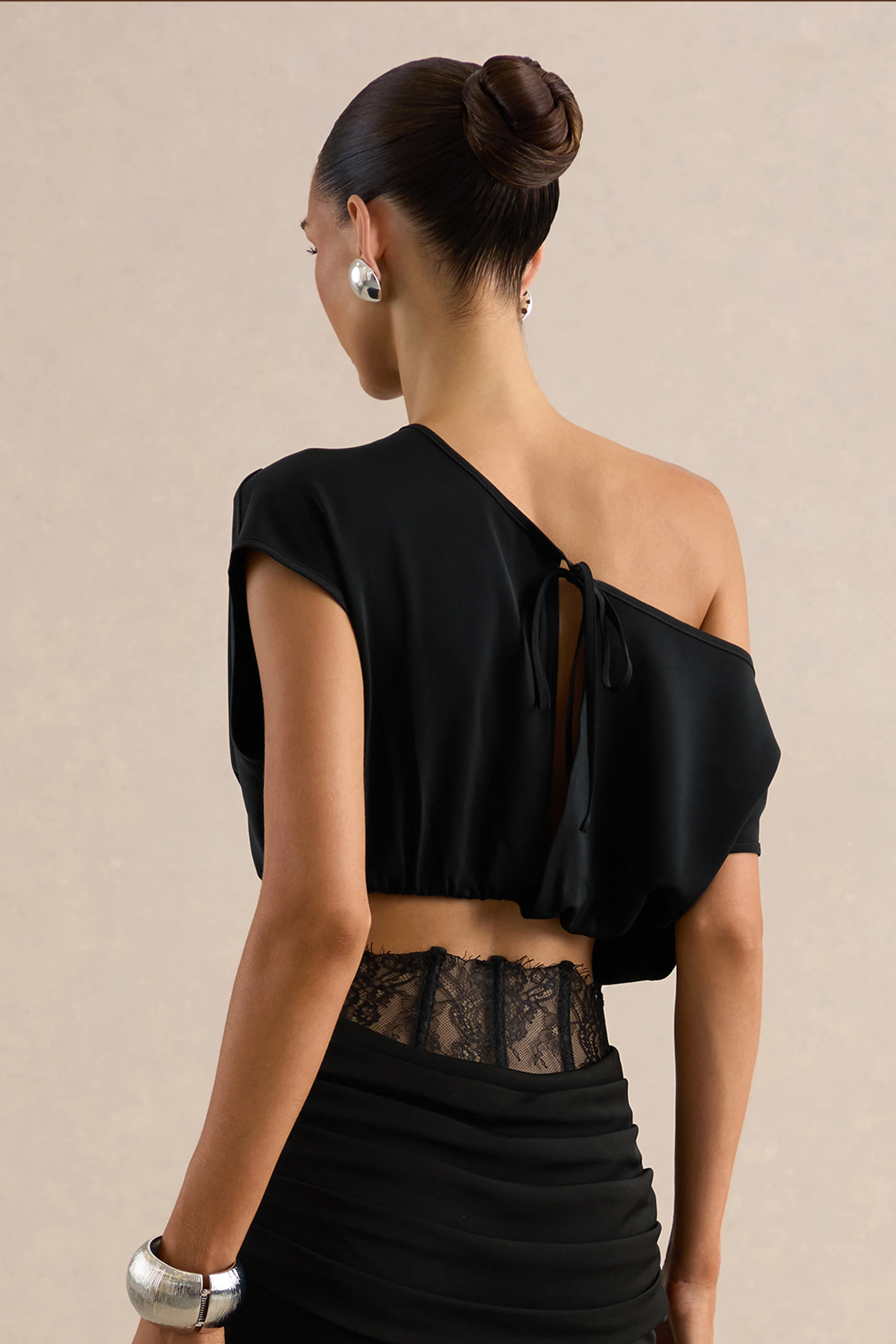 Yaselle | Black Satin Asymmetric-Neck Crop-Top - Image 2