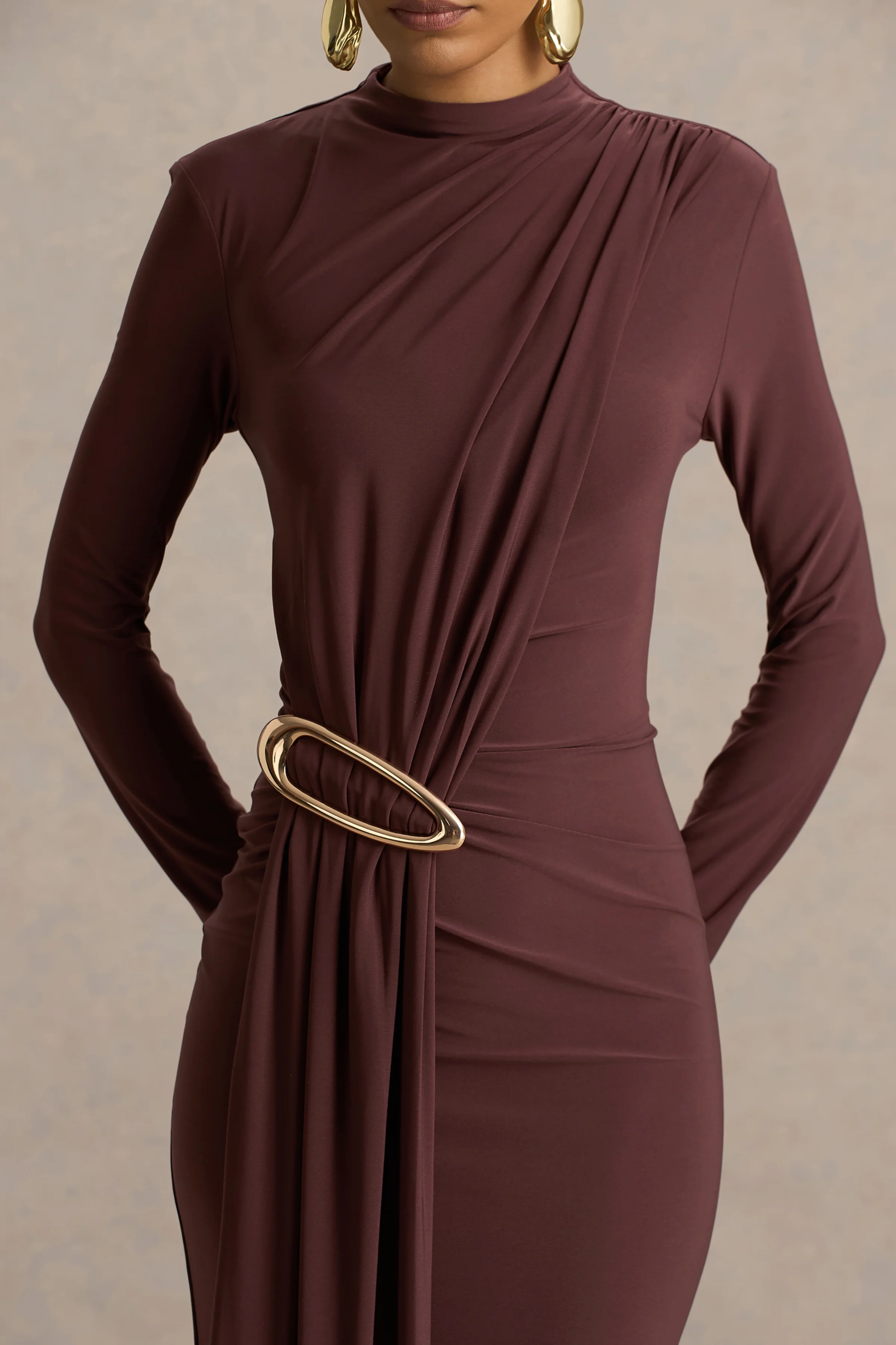 Zadie | Brown High-Neck Maxi Dress With Gathered-Detail - Image 3