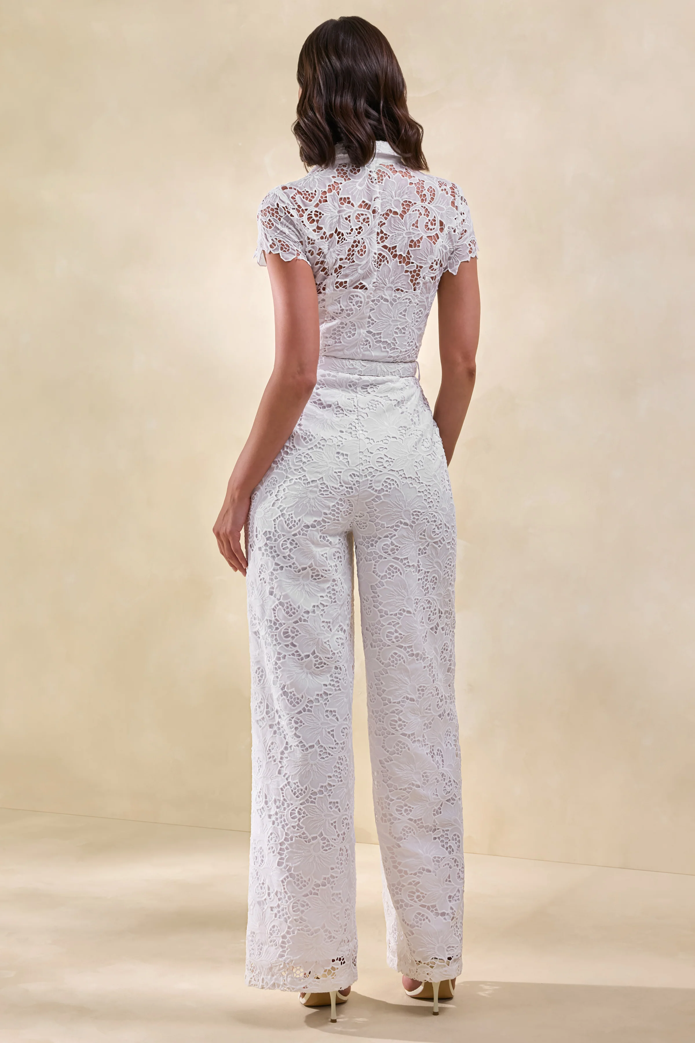 Zerelle | White Lace Collared Plunge-Neck Jumpsuit With Belt-Detail - Image 2