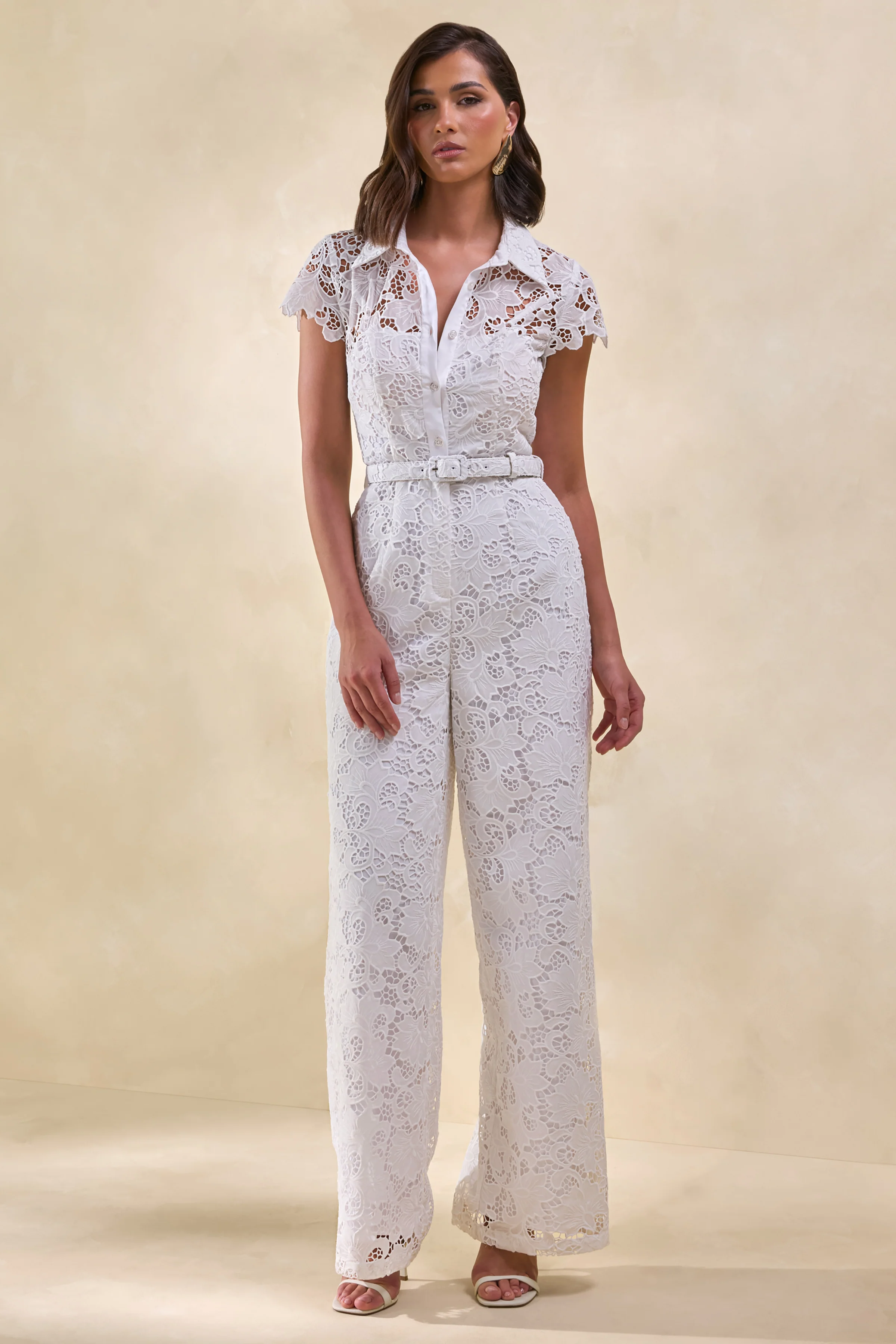 Zerelle | White Lace Collared Plunge-Neck Jumpsuit With Belt-Detail - Image 4